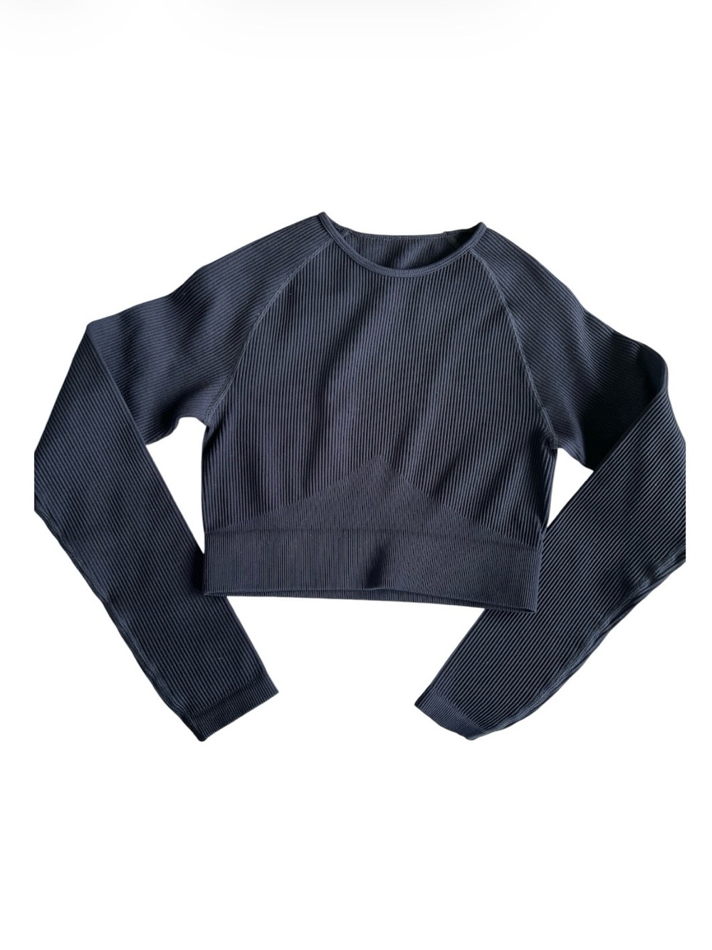 Seamless Ribbed Cropped Long Sleeve Workout Top - Black XS/ S